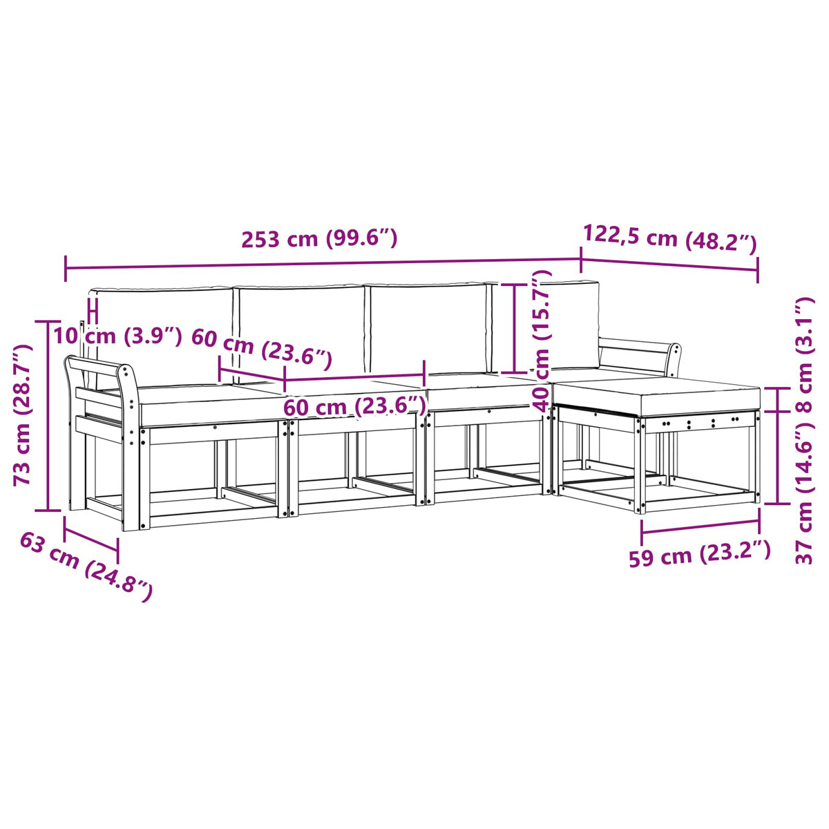 Set vanjskih sofa 5 kom. Prirodna i bež Smeđa 253 x 122,5 x 73 cm