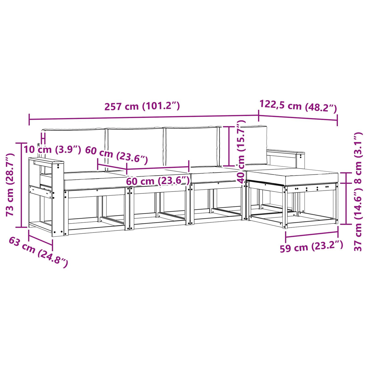 Set vanjskih sofa 5 kom. Prirodna i bež Smeđa 257 x 63 x 73 cm