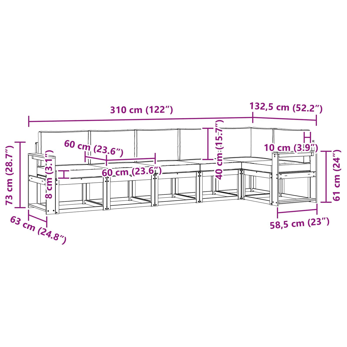 Set vanjskih sofa 6 kom. Prirodna i krem Smeđa 310 x 132,5 x 73 cm