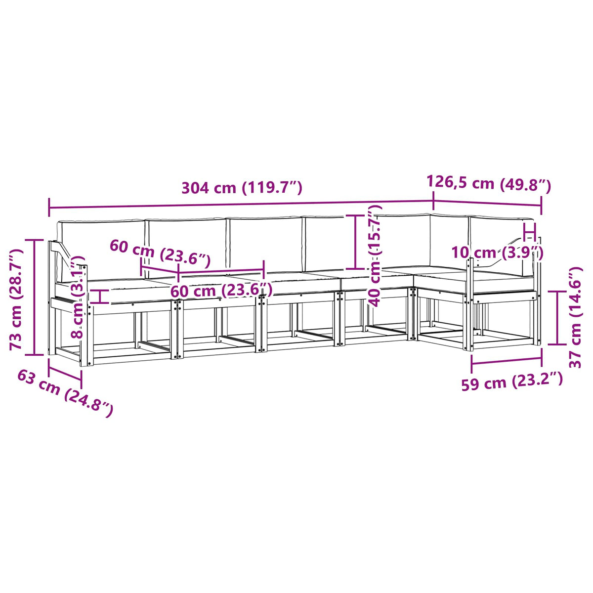 Set vanjskih sofa 6 kom. Prirodna i bež Smeđa 304 x 126,5 x 73 cm
