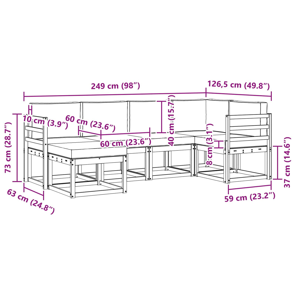 Set vanjskih sofa 6 kom. Prirodna i svijetlo siva Smeđa 245 x 126,5 x 73 cm