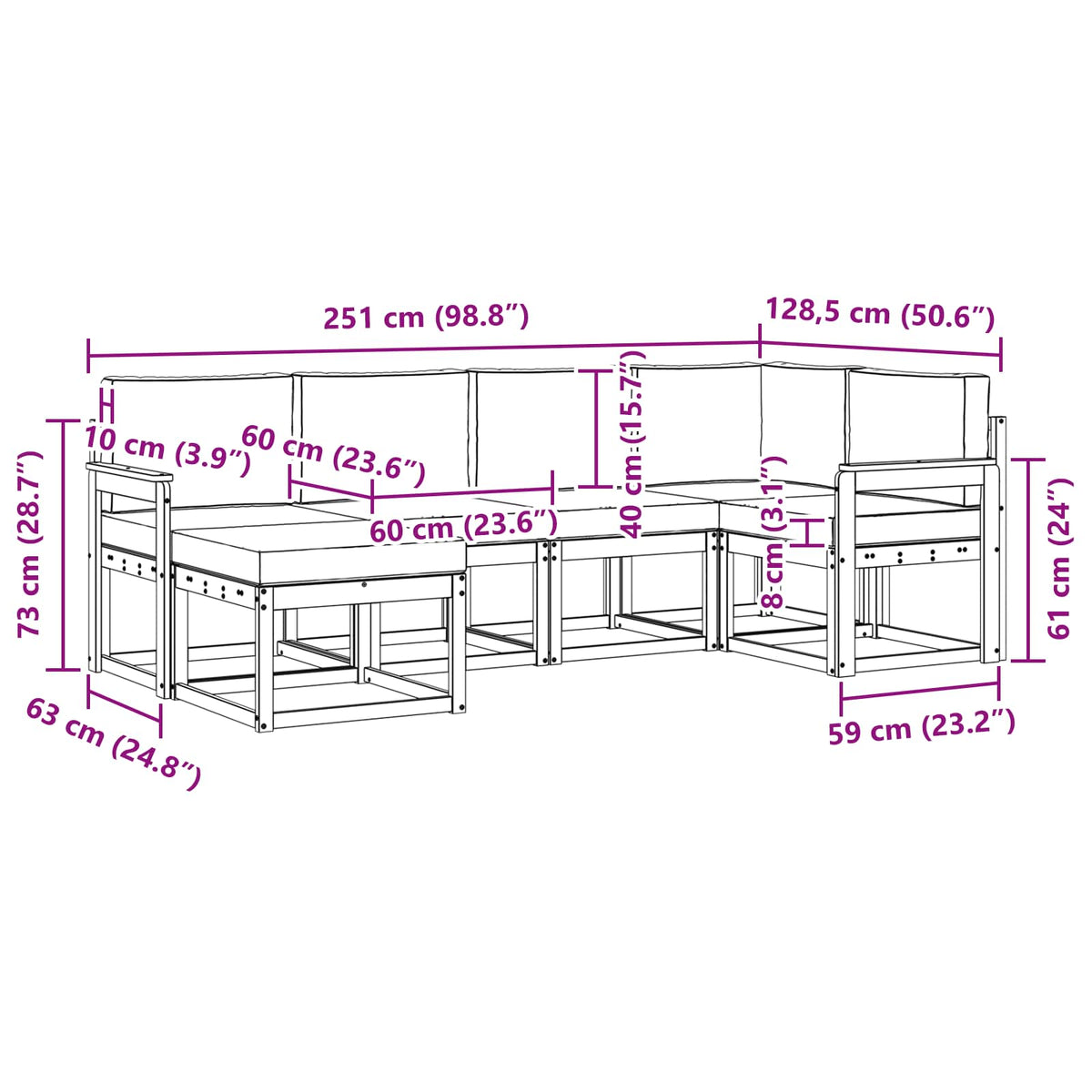 Set vanjskih sofa 6 kom. Prirodna i krem Smeđa 251 x 128,5 x 73 cm
