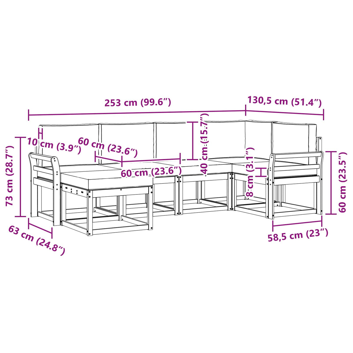 Set vanjskih sofa 6 kom. Prirodna i krem Smeđa 253 x 130,5 x 73 cm