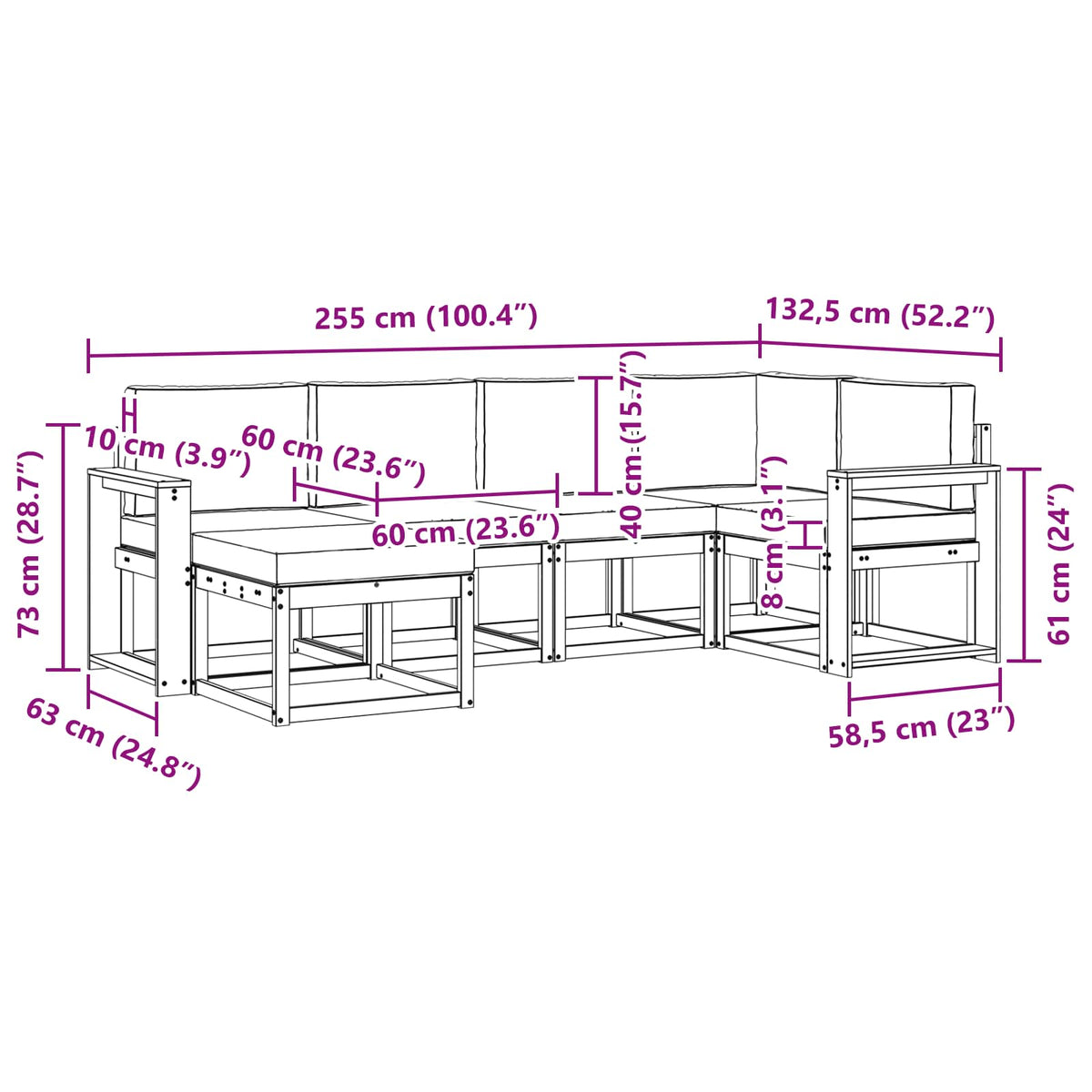 Set vanjskih sofa 6 kom. Prirodna i bež Smeđa 255 x 132,5 x 73 cm