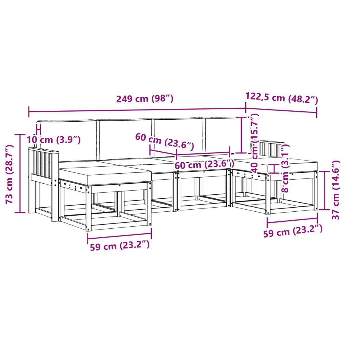 Set vanjskih sofa 6 kom. Prirodna i krem Smeđa 249 x 122,5 x 73 cm