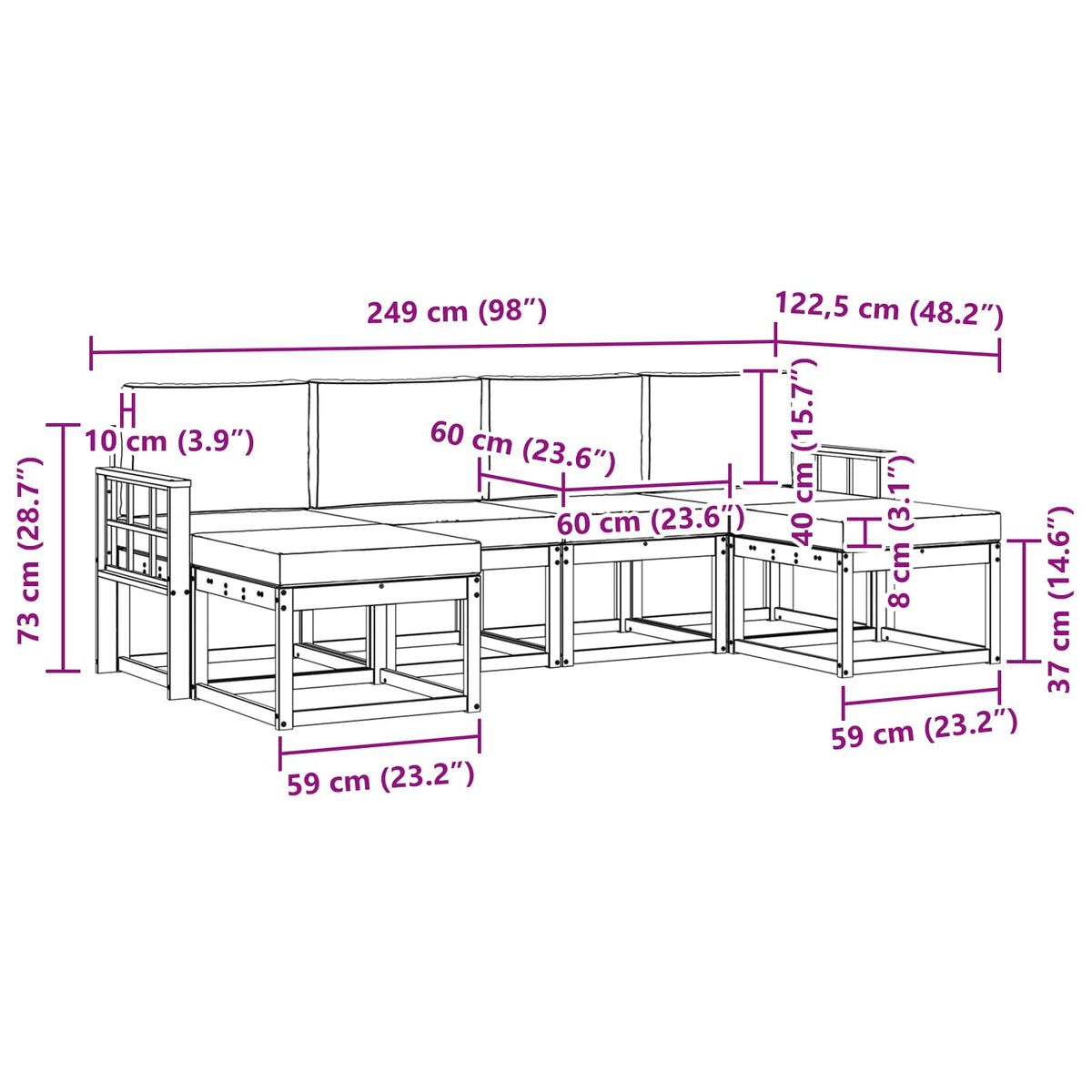 Set vanjskih sofa 6 kom. Prirodna i krem Smeđa 249 x 122,5 x 73 cm