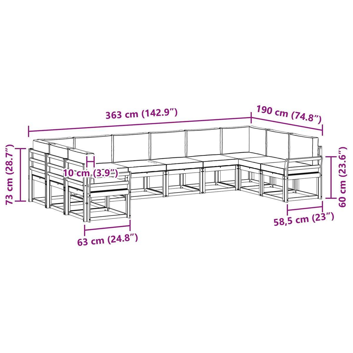 Set vanjskih sofa 10 kom. Prirodna i antracit Smeđa 363 x 190 x 73 cm