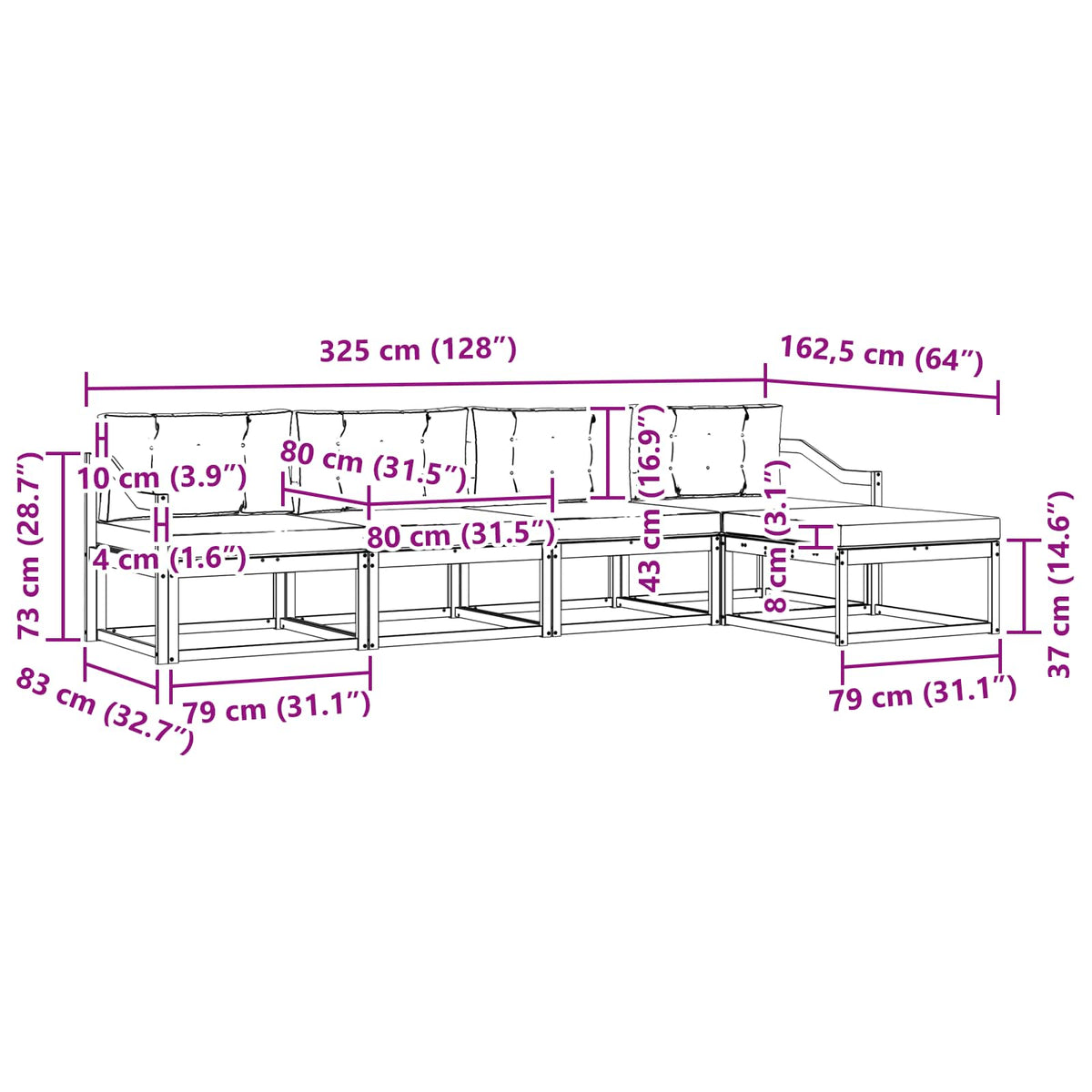 Set vanjskih sofa 5 kom. Prirodna i svijetlo siva Smeđa 325 x 162,5 x 73 cm