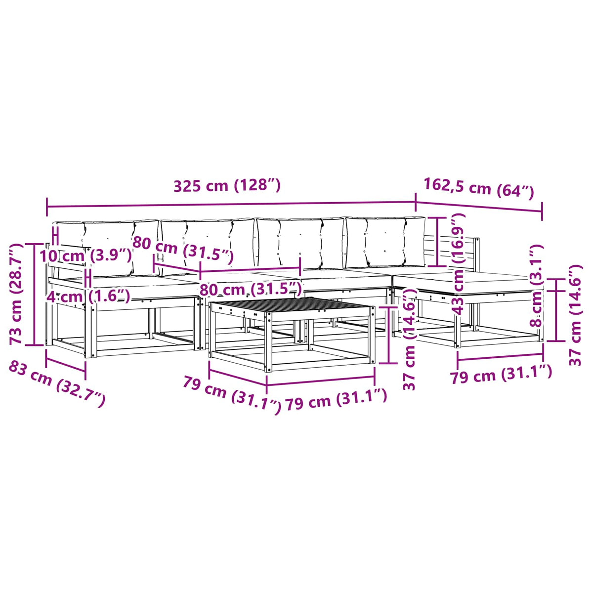 Set vanjskih sofa 6 kom. Prirodna i krem Smeđa 79 x 79 x 37 cm