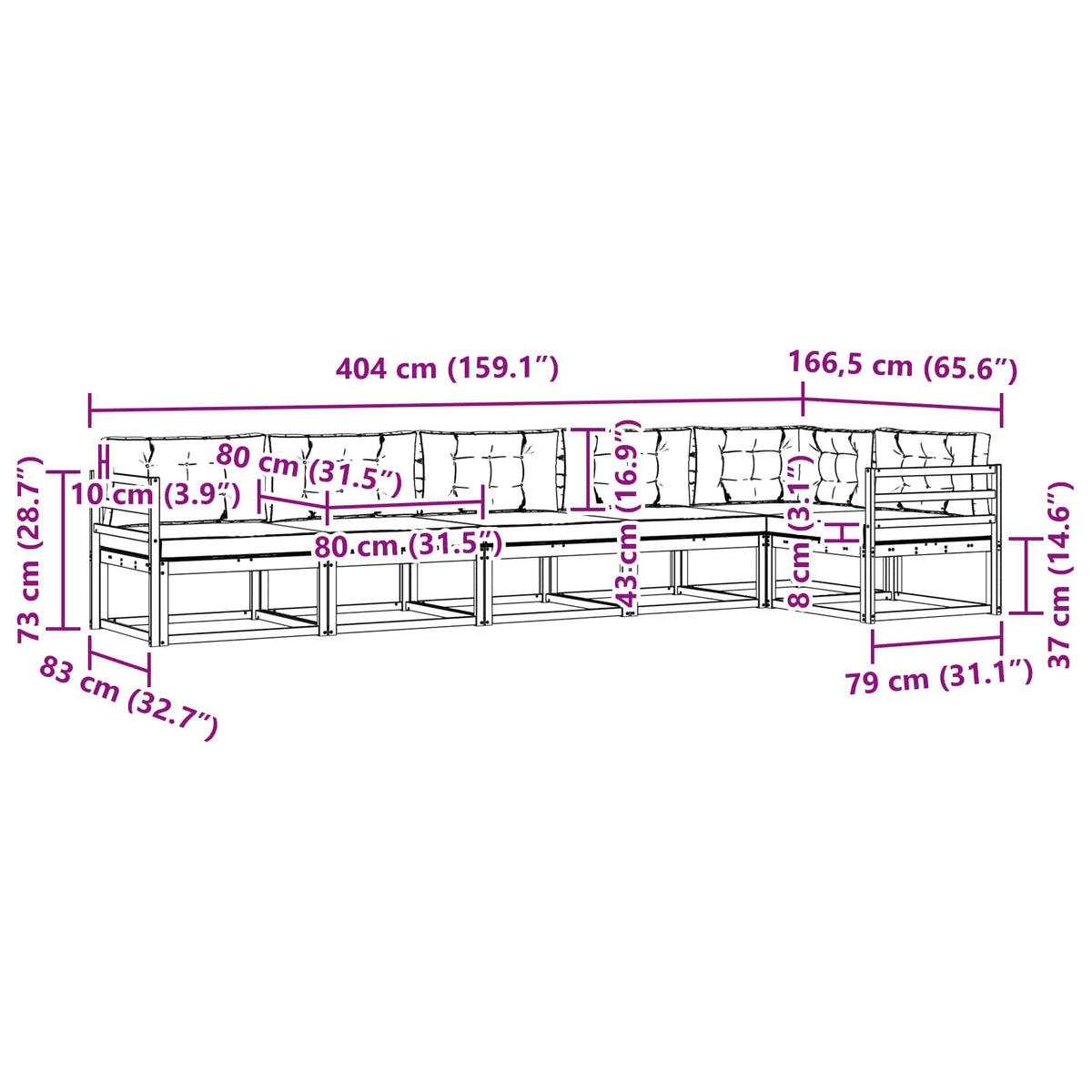 Set vanjskih sofa 6 kom. Prirodna i krem Smeđa 404 x 166,5 x 73 cm