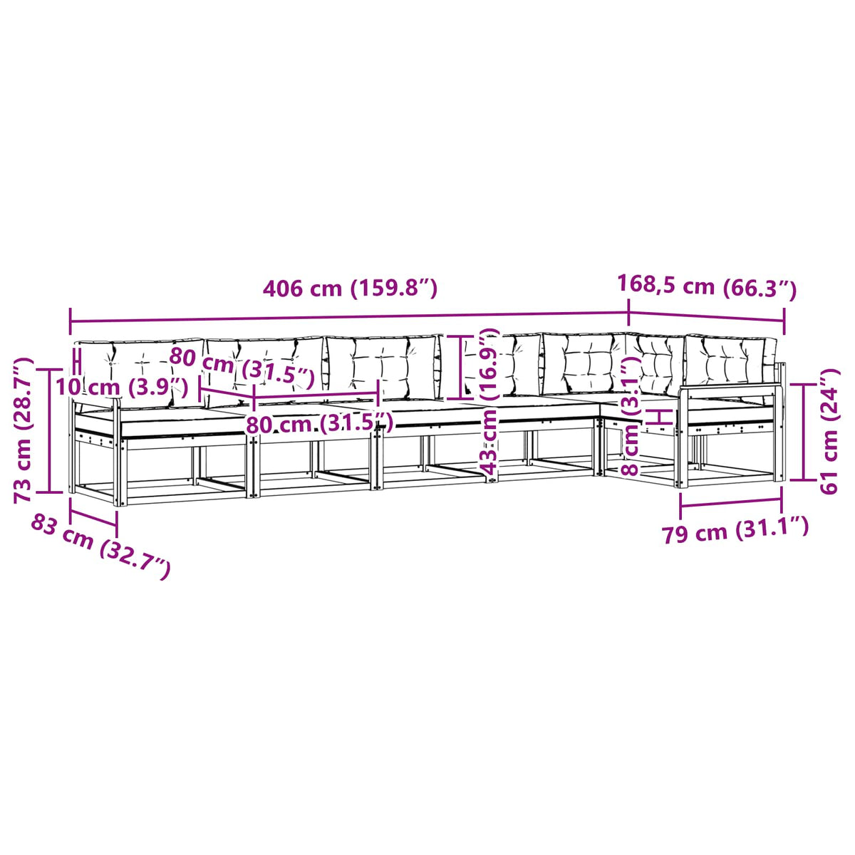 Set vanjskih sofa 6 kom. Prirodna i krem Smeđa 406 x 168,5 x 73 cm