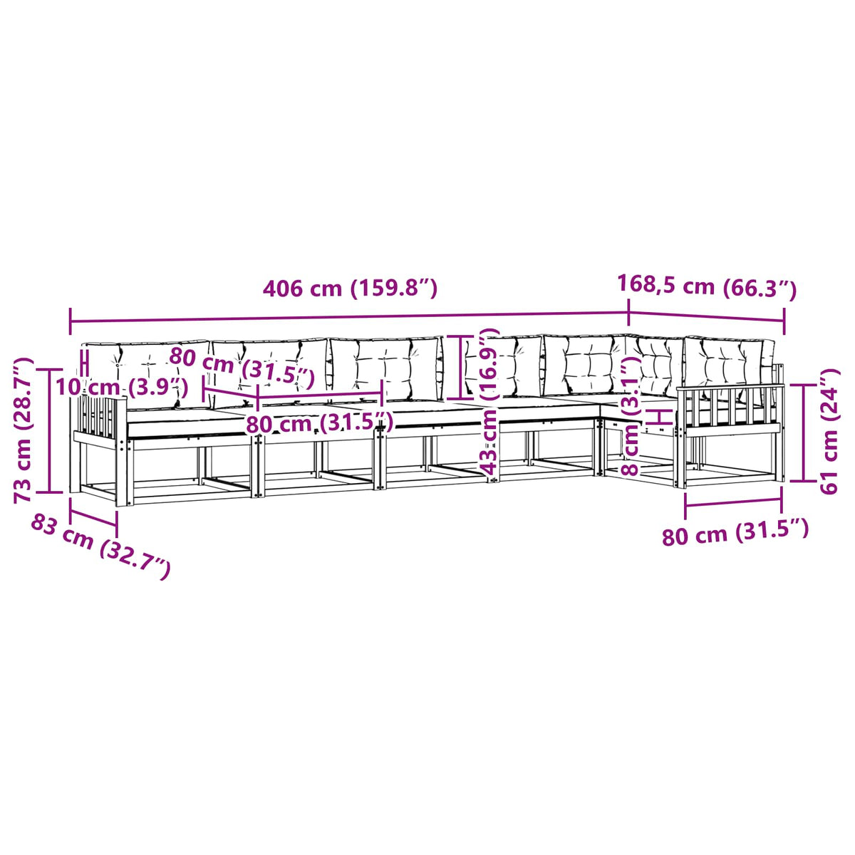 Set vanjskih sofa 6 kom. Prirodna i krem Smeđa 406 x 168,5 x 73 cm