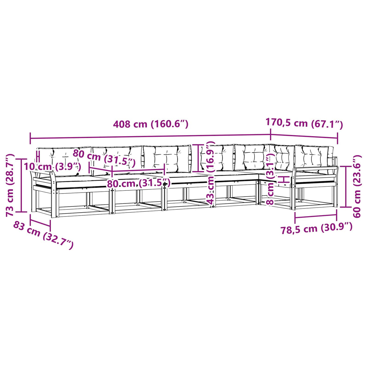 Set vanjskih sofa 6 kom. Prirodna i bež Smeđa 408 x 170,5 x 73 cm