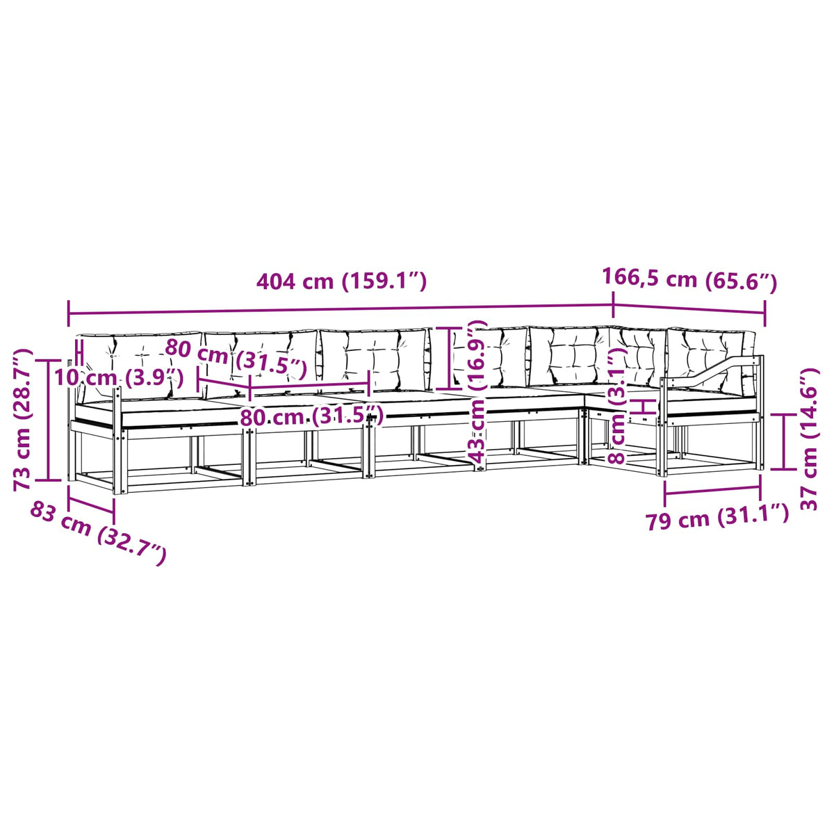 Set vanjskih sofa 6 kom. Prirodna i krem Smeđa 404 x 166,5 x 73 cm