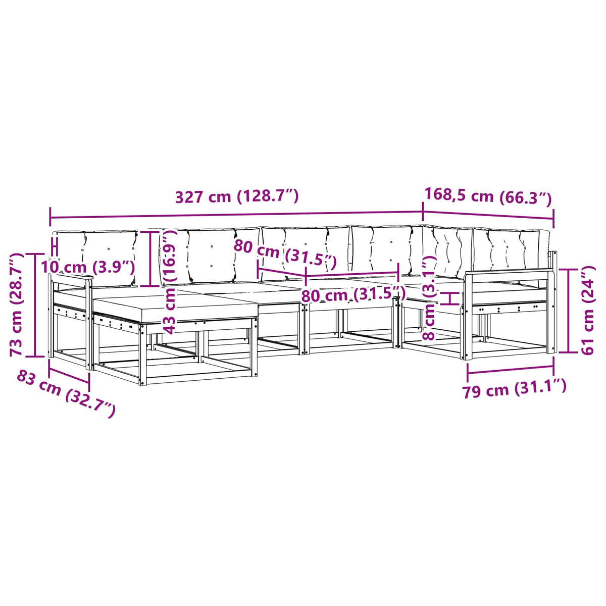 Set vanjskih sofa 6 kom. Prirodna i bež Smeđa 327 x 168,5 x 73 cm