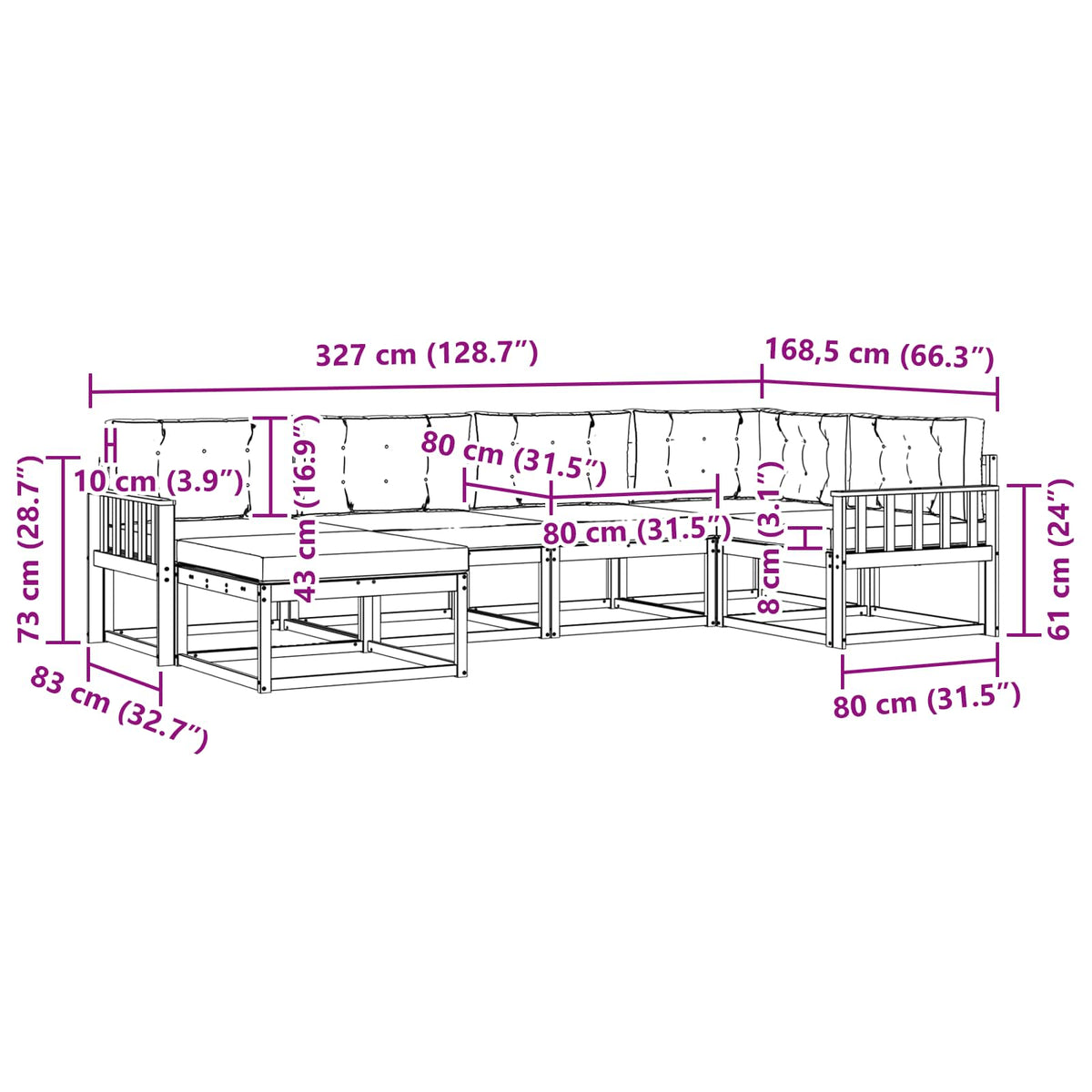 Set vanjskih sofa 6 kom. Prirodna i krem Smeđa 327 x 168,5 x 73 cm