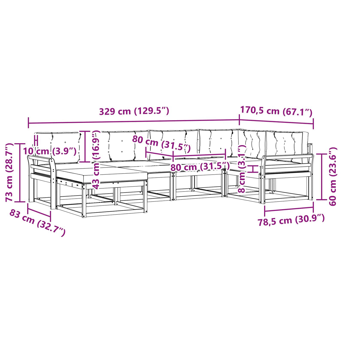 Set vanjskih sofa 6 kom. Prirodna i bež Smeđa 329 x 170,5 x 73 cm