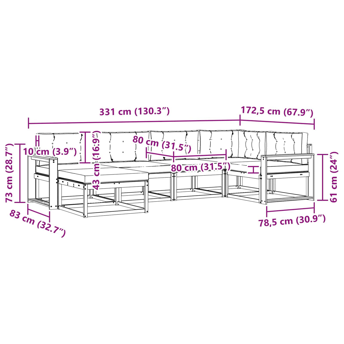 Set vanjskih sofa 6 kom. Prirodna i krem Smeđa 331 x 172,5 x 73 cm