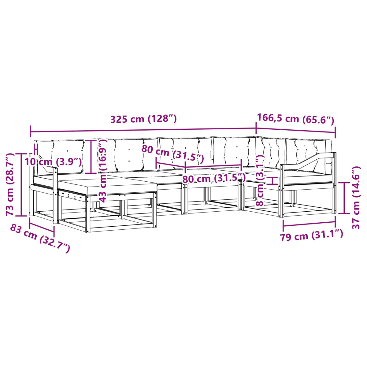 Set vanjskih sofa 6 kom. Prirodna i krem Smeđa 325 x 166,5 x 73 cm