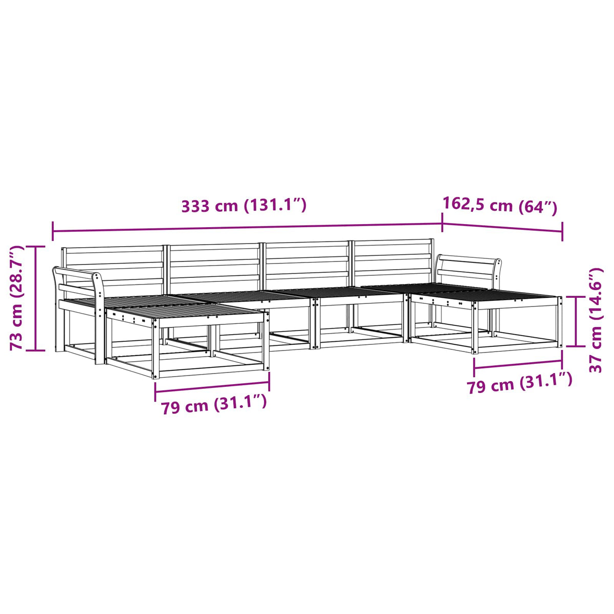 Set vanjskih sofa 6 kom. Prirodna Čvrsto drvo akacije Smeđa 333 x 162,5 x 73 cm