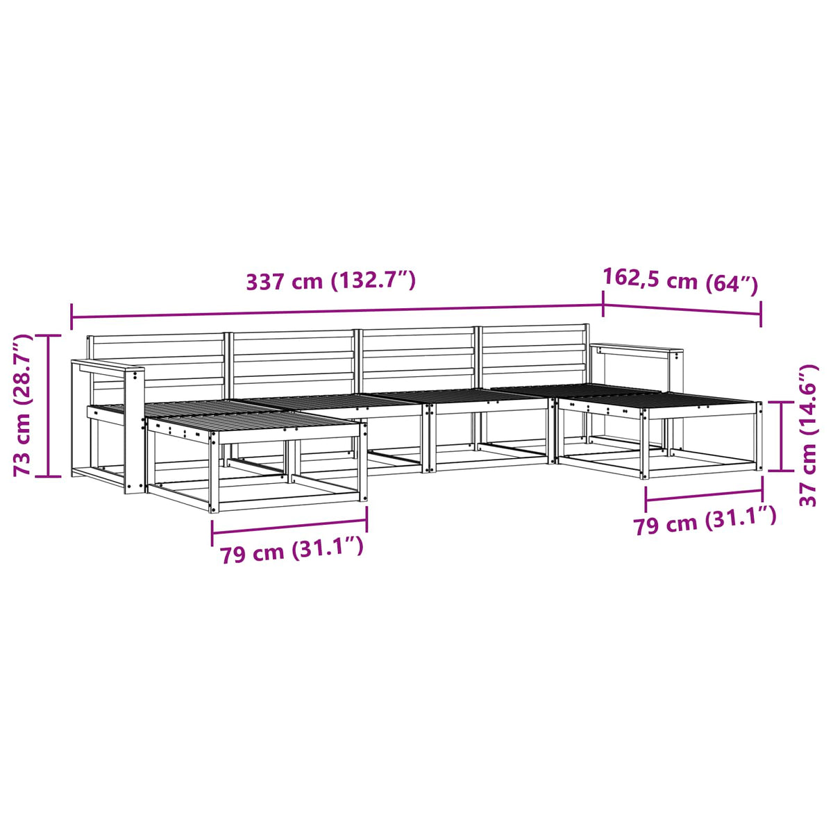 Set vanjskih sofa 6 kom. Prirodna Čvrsto drvo akacije Smeđa 337 x 162,5 x 73 cm