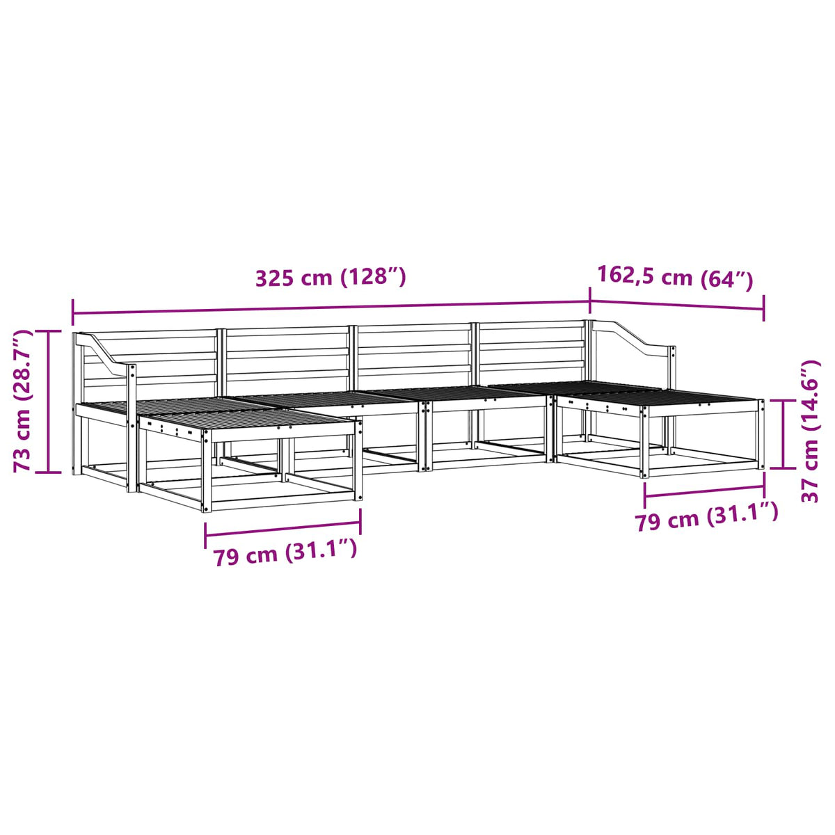 Set vanjskih sofa 6 kom. Prirodna Čvrsto drvo akacije Smeđa 325 x 162,5 x 73 cm