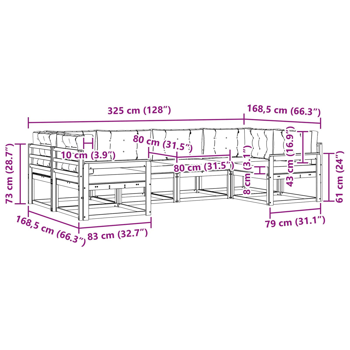 Set vanjskih sofa 6 kom. Prirodna i antracit Smeđa 325 x 168,5 x 73 cm