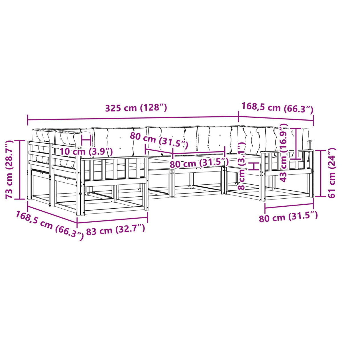 Set vanjskih sofa 6 kom. Prirodna i bež Smeđa 325 x 168,5 x 73 cm