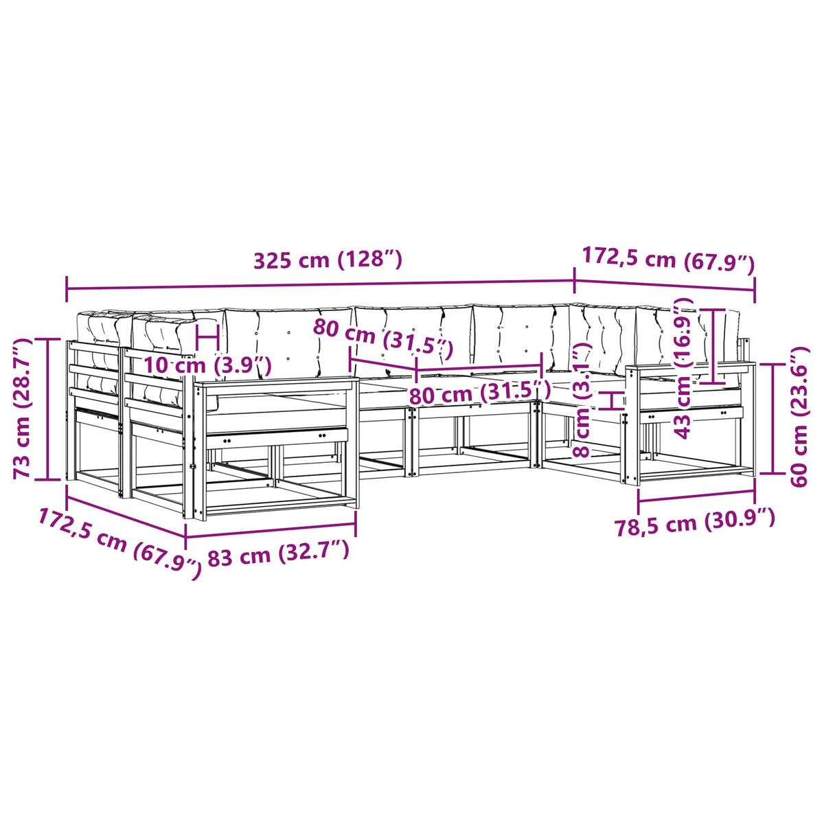 Set vanjskih sofa 6 kom. Prirodna i krem Smeđa 325 x 172,5 x 73 cm