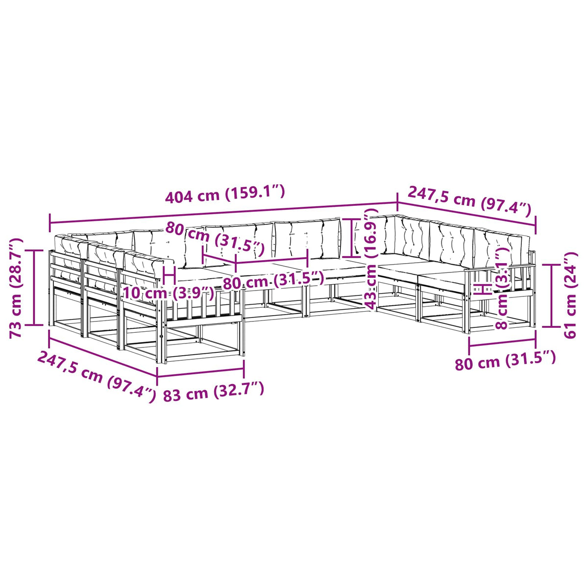 Set vanjskih sofa 9 kom. Prirodna i krem Smeđa 404 x 247,5 x 73 cm