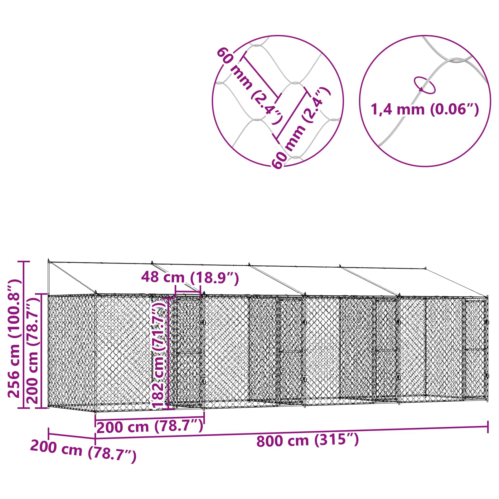 Kavez za psa s krovom Srebrno 800 x 200 x 256 cm Čelik i PE