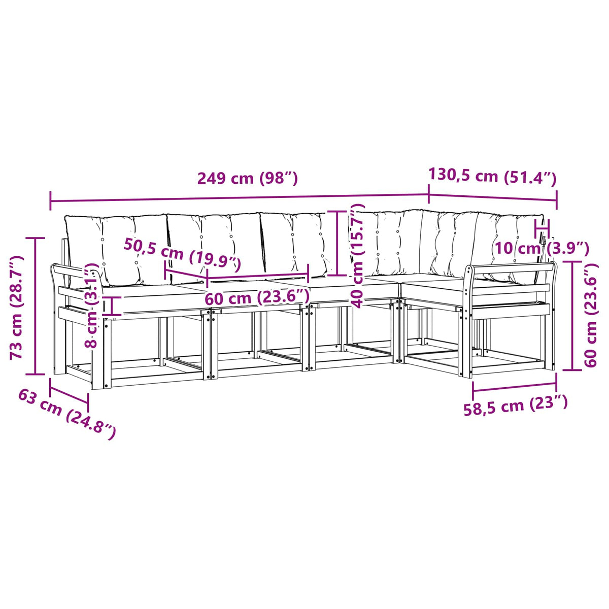 Set vanjskih sofa 5 kom. Prirodna i svijetlo siva Smeđa 249 x 130,5 x 73 cm