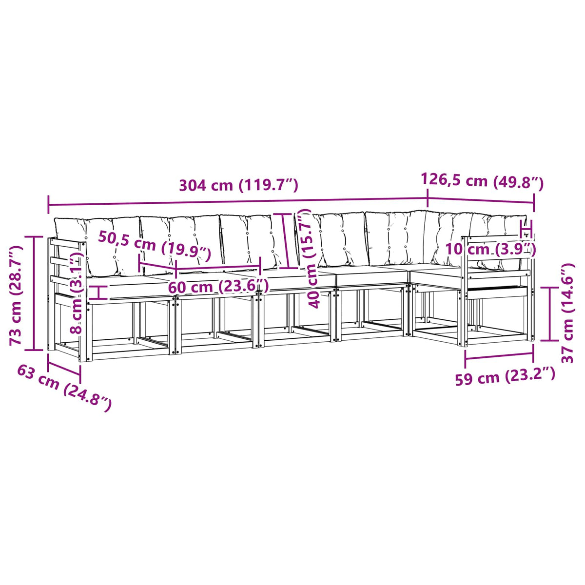 Set vanjskih sofa 6 kom. Prirodna i svijetlo siva Smeđa 304 x 126,5 x 73 cm