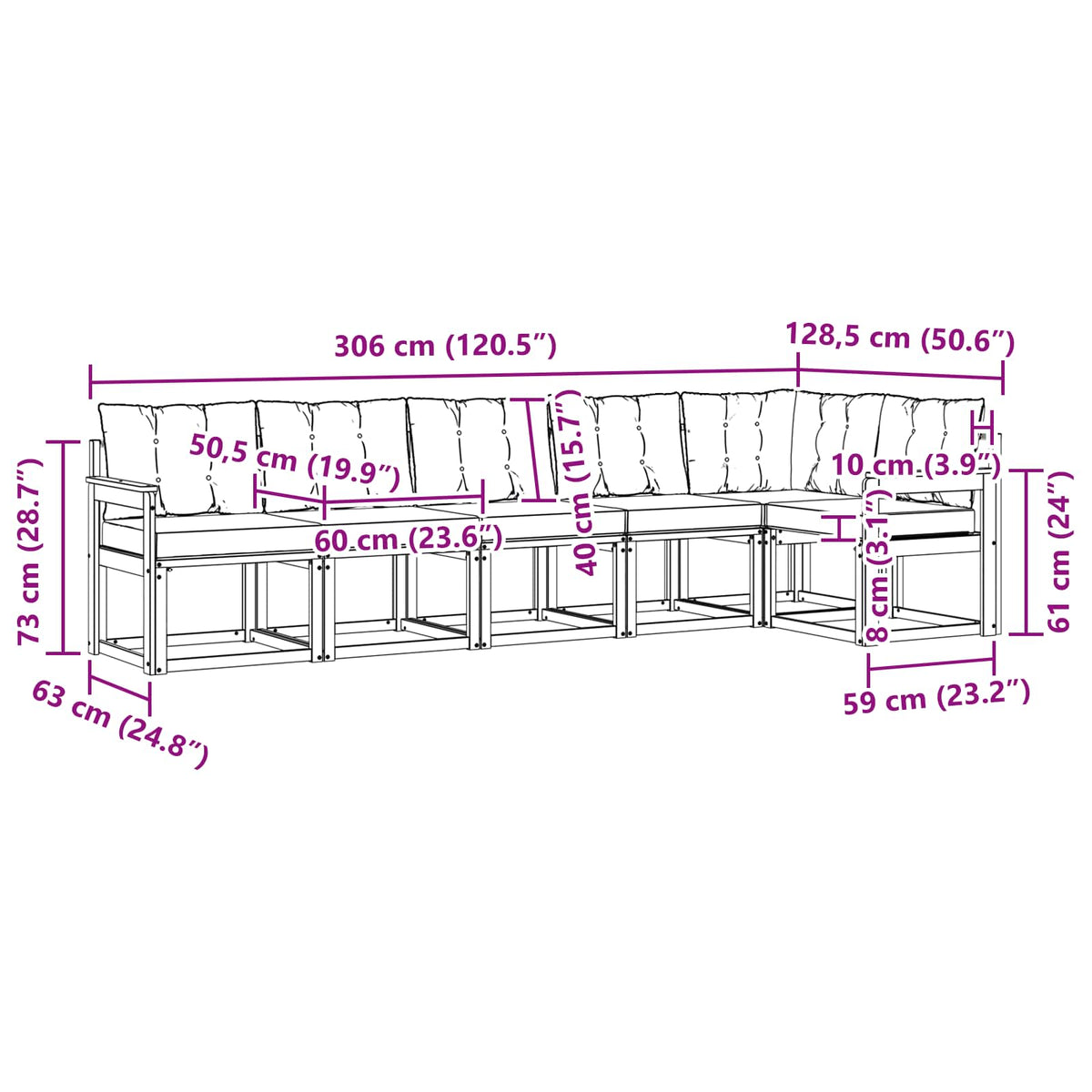 Set vanjskih sofa 6 kom. Prirodna i svijetlo siva Smeđa 306 x 128,5 x 73 cm