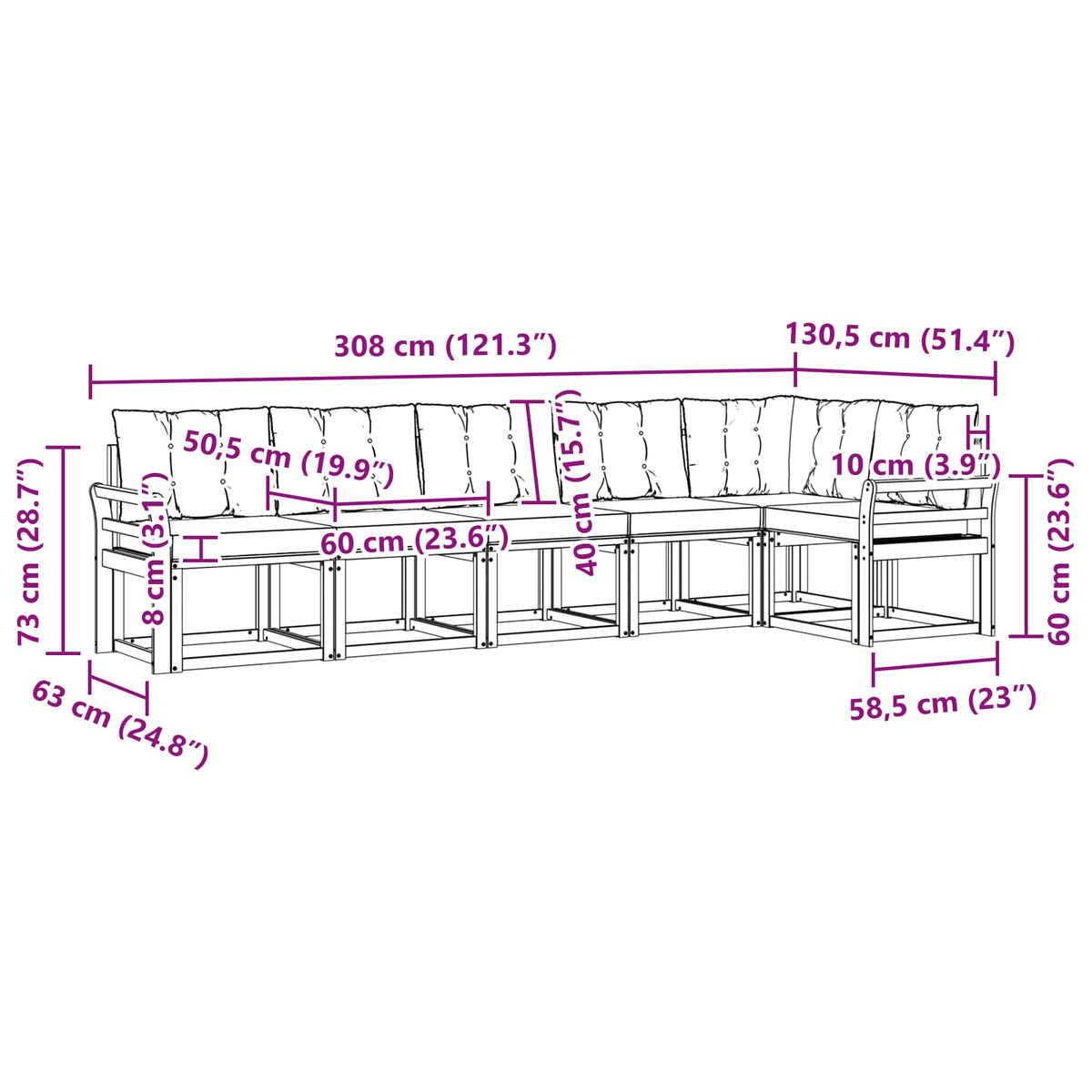 Set vanjskih sofa 6 kom. Prirodna i krem Smeđa 308 x 130,5 x 73 cm