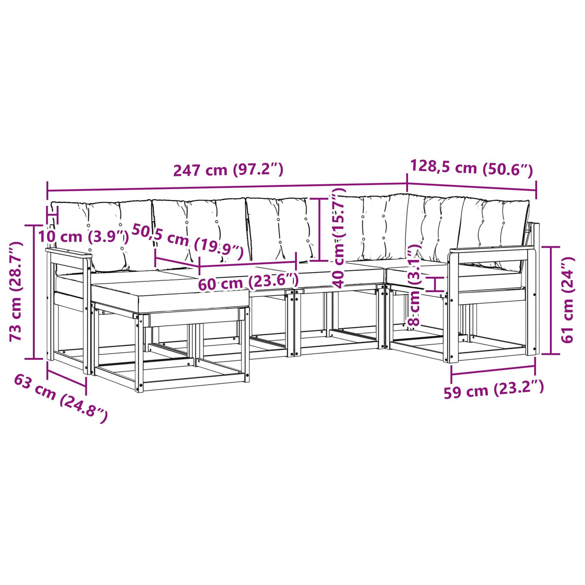 Set vanjskih sofa 6 kom. Prirodna i krem Smeđa 247 x 128,5 x 73 cm