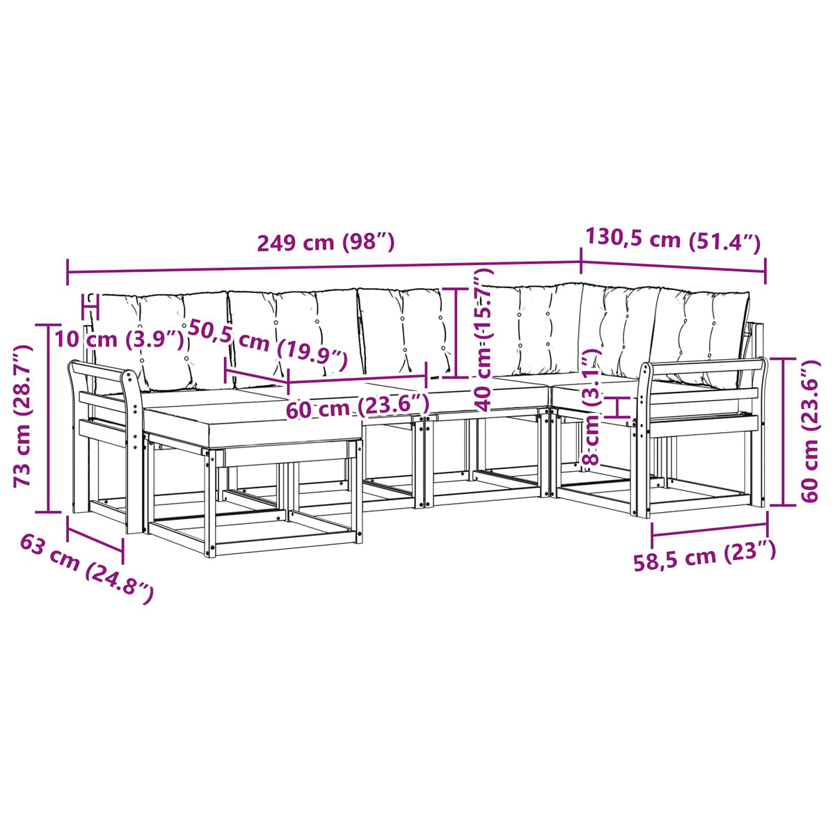 Set vanjskih sofa 6 kom. Prirodna i krem Smeđa 249 x 130,5 x 73 cm