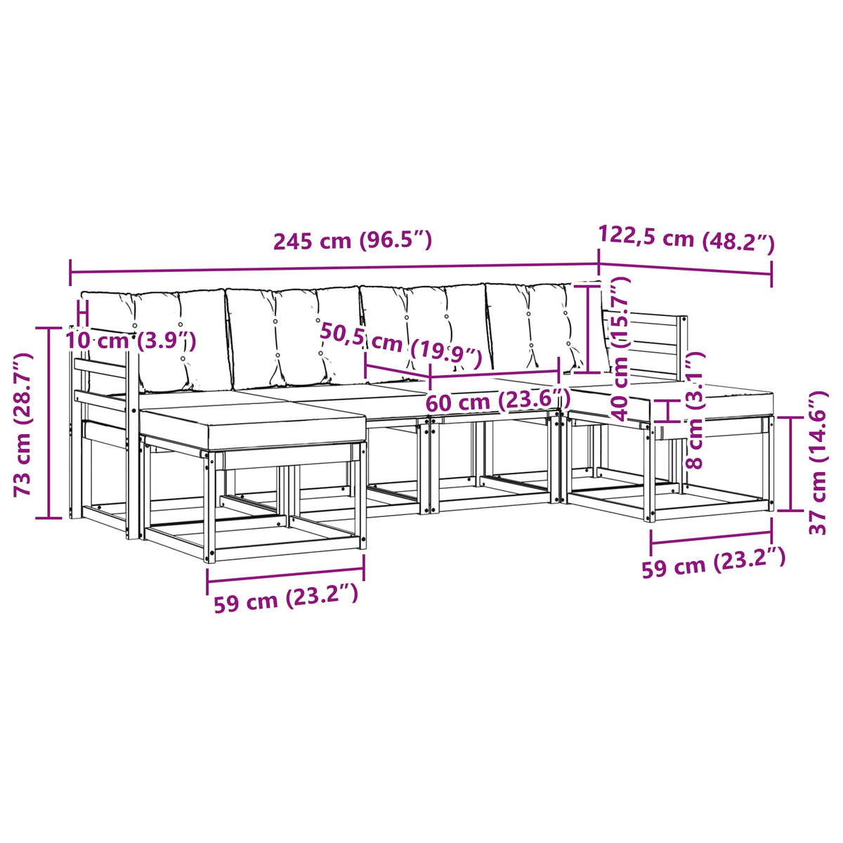 Set vanjskih sofa 6 kom. Prirodna i krem Smeđa 245 x 122,5 x 73 cm