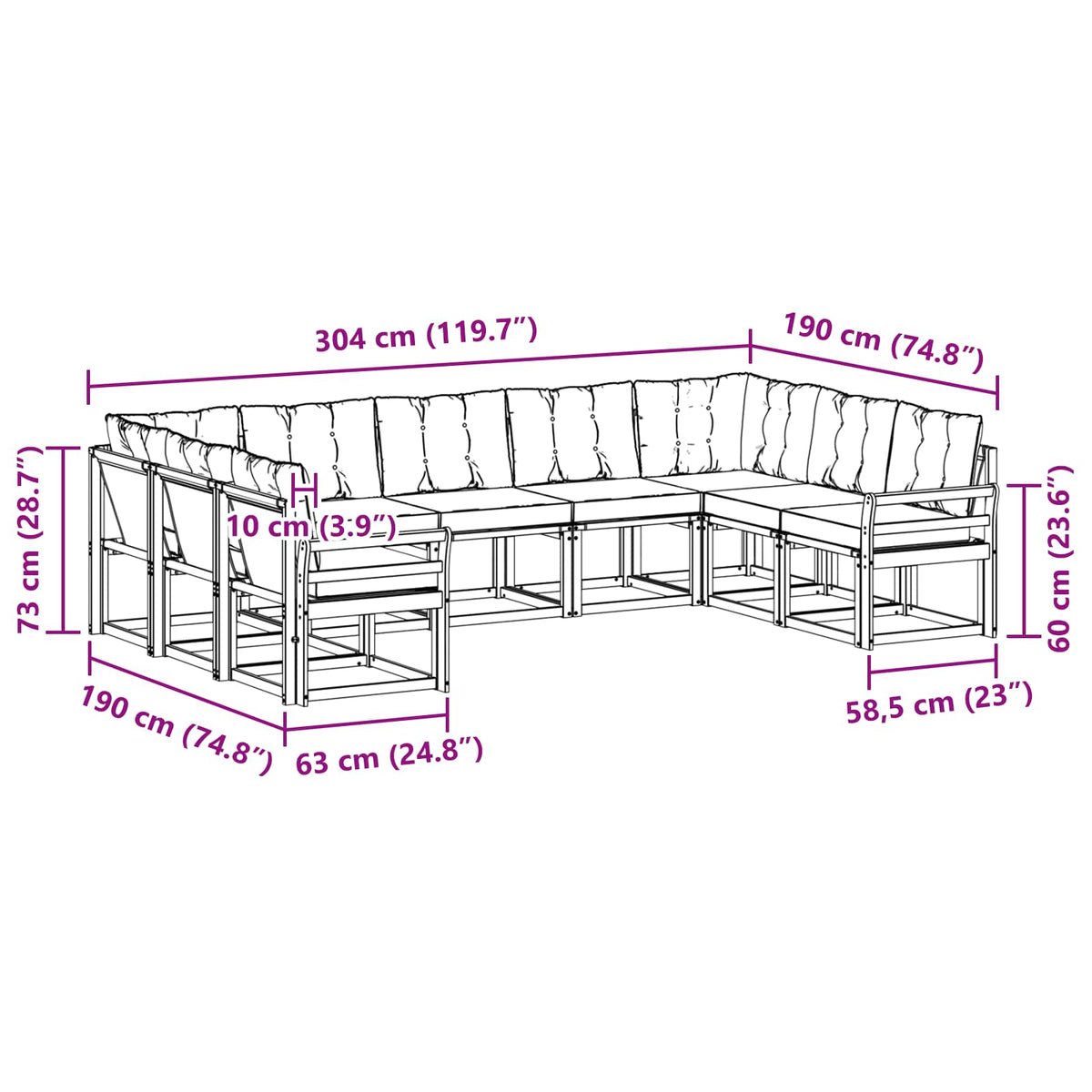 Set vanjskih sofa 9 kom. Prirodna i bež Smeđa 304 x 190 x 73 cm