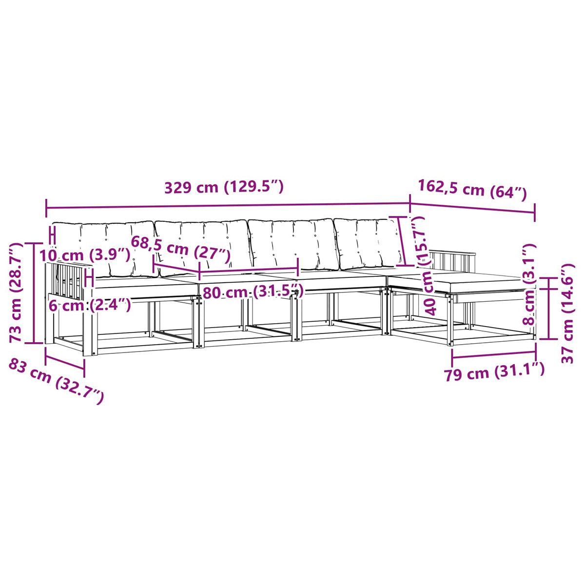 Set vanjskih sofa 5 kom. Prirodna i svjetlosiva Smeđa 329 x 162,5 x 73 cm
