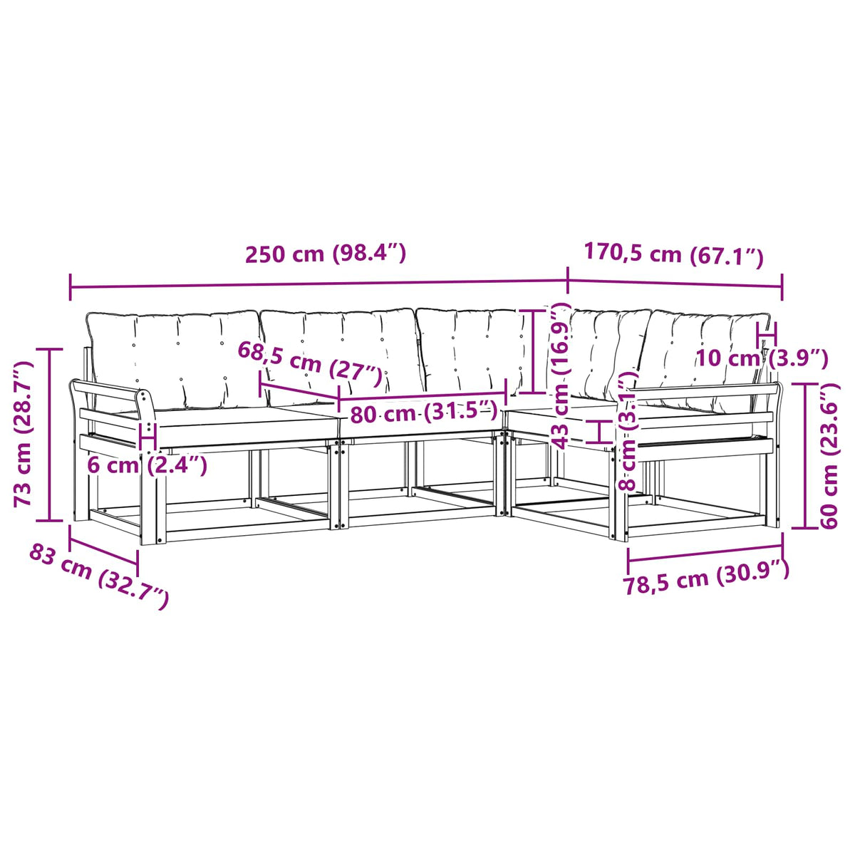Set vanjskih sofa 4 kom. Prirodna i svijetlo siva Smeđa 250 x 170,5 x 73 cm