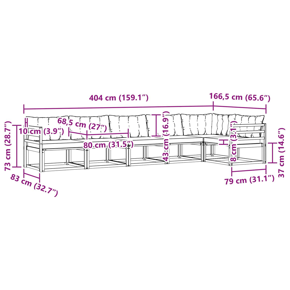 Set vanjskih sofa 6 kom. Prirodna i svijetlo siva Smeđa 404 x 166,5 x 73 cm