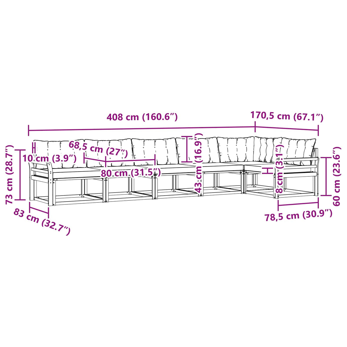 Set vanjskih sofa 6 kom. Prirodna i krem Smeđa 408 x 170,5 x 73 cm