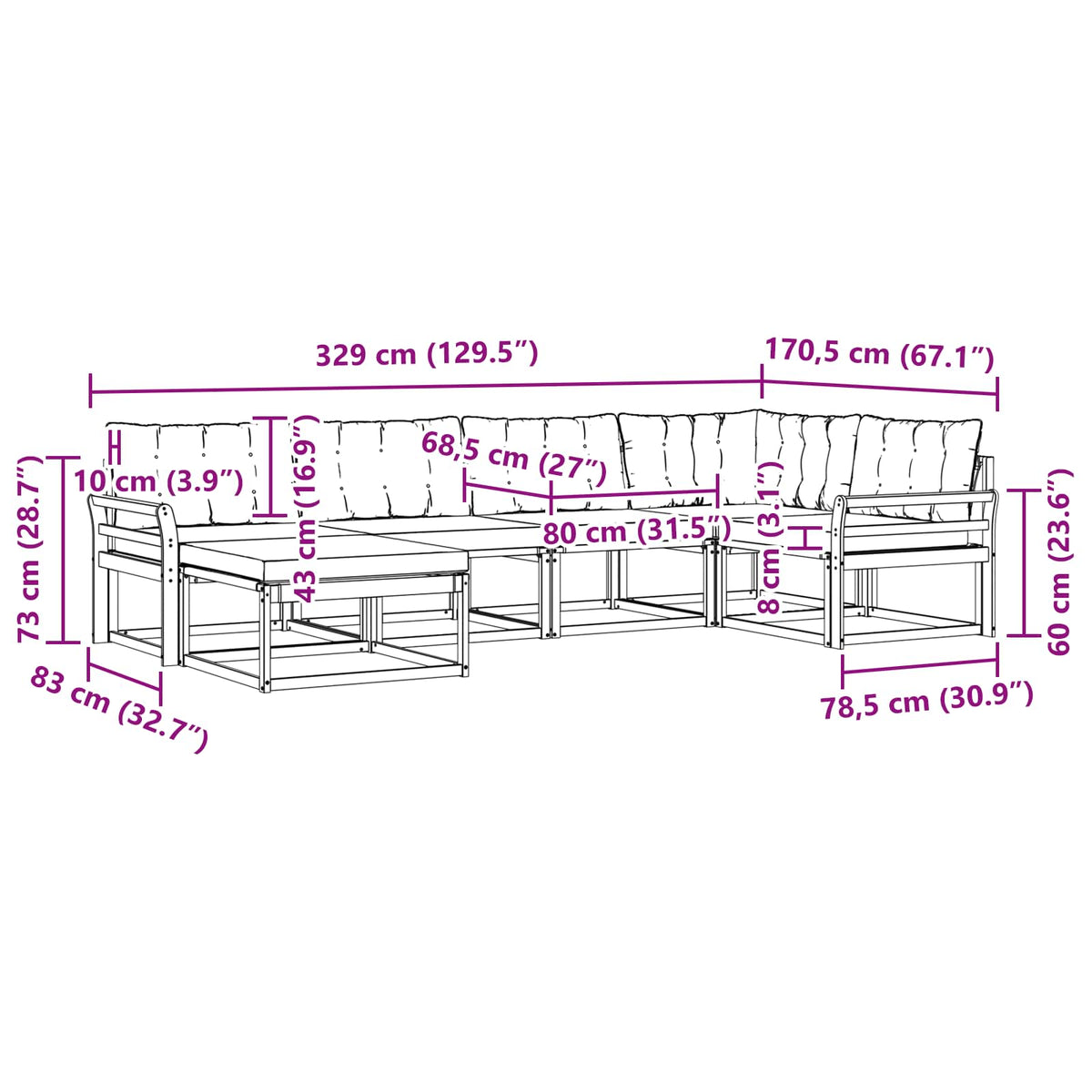 Set vanjskih sofa 6 kom. Prirodna i svijetlo siva Smeđa 329 x 170,5 x 73 cm