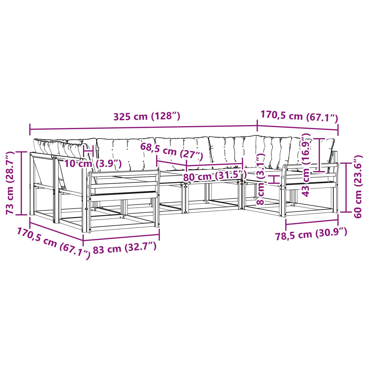 Set vanjskih sofa 6 kom. Prirodna i krem Smeđa 325 x 170,5 x 73 cm