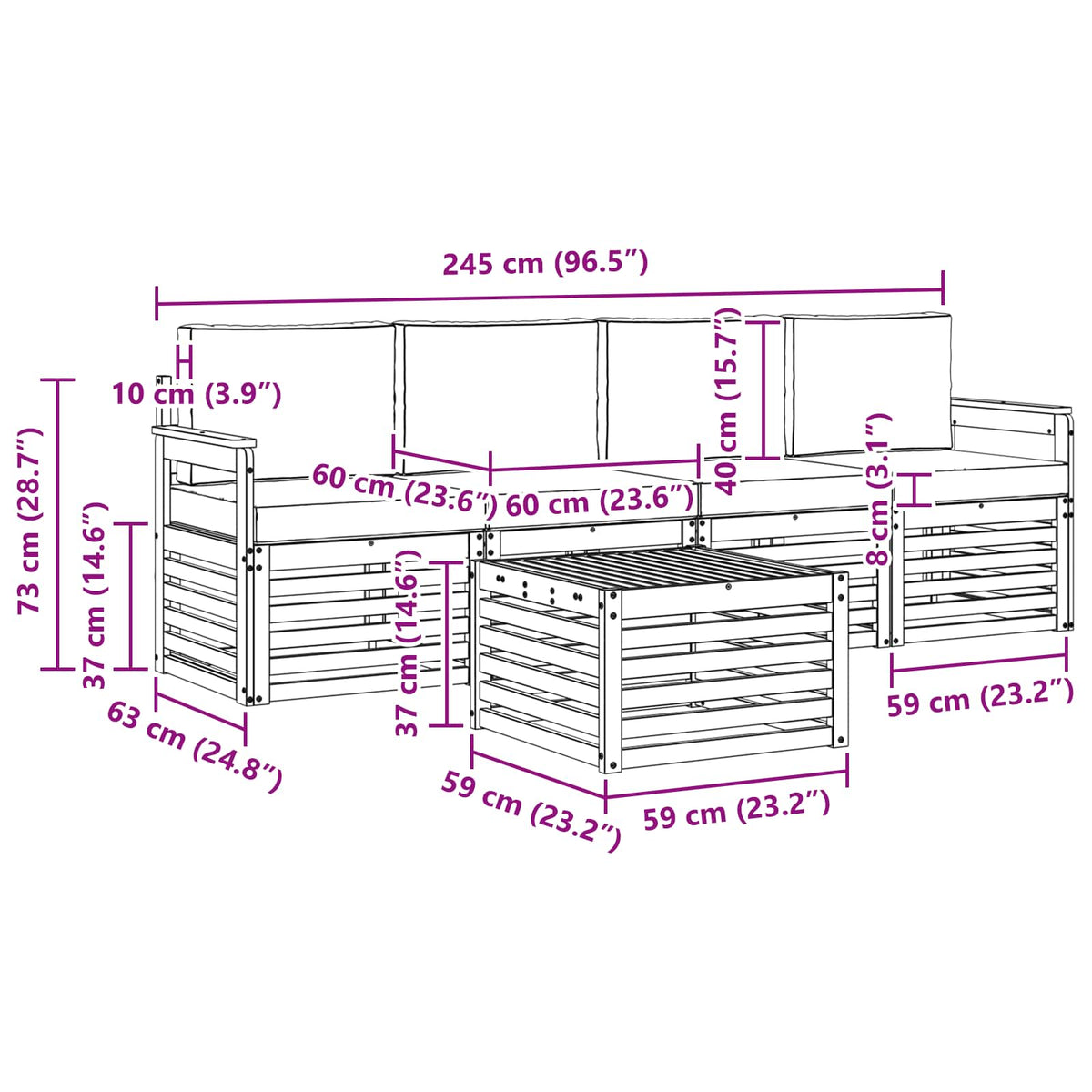 Set vanjskih sofa 5 kom. Prirodna i svijetlo siva 59 x 59 x 37 cm