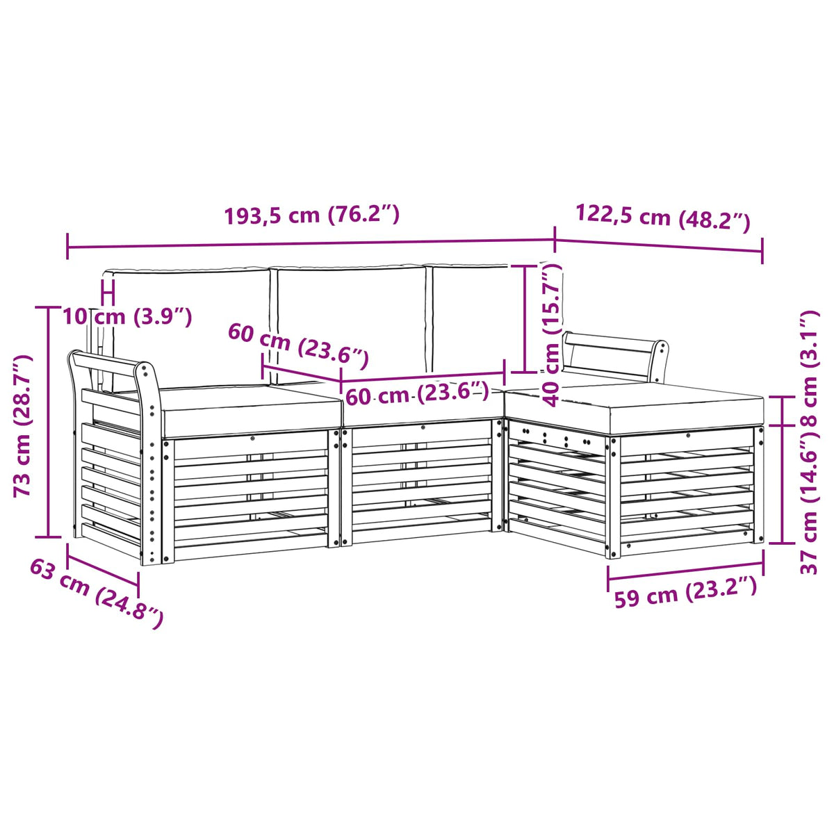 Set vanjskih sofa 4 kom. Prirodna i bež Bijela 193,5 x 122,5 x 73 cm