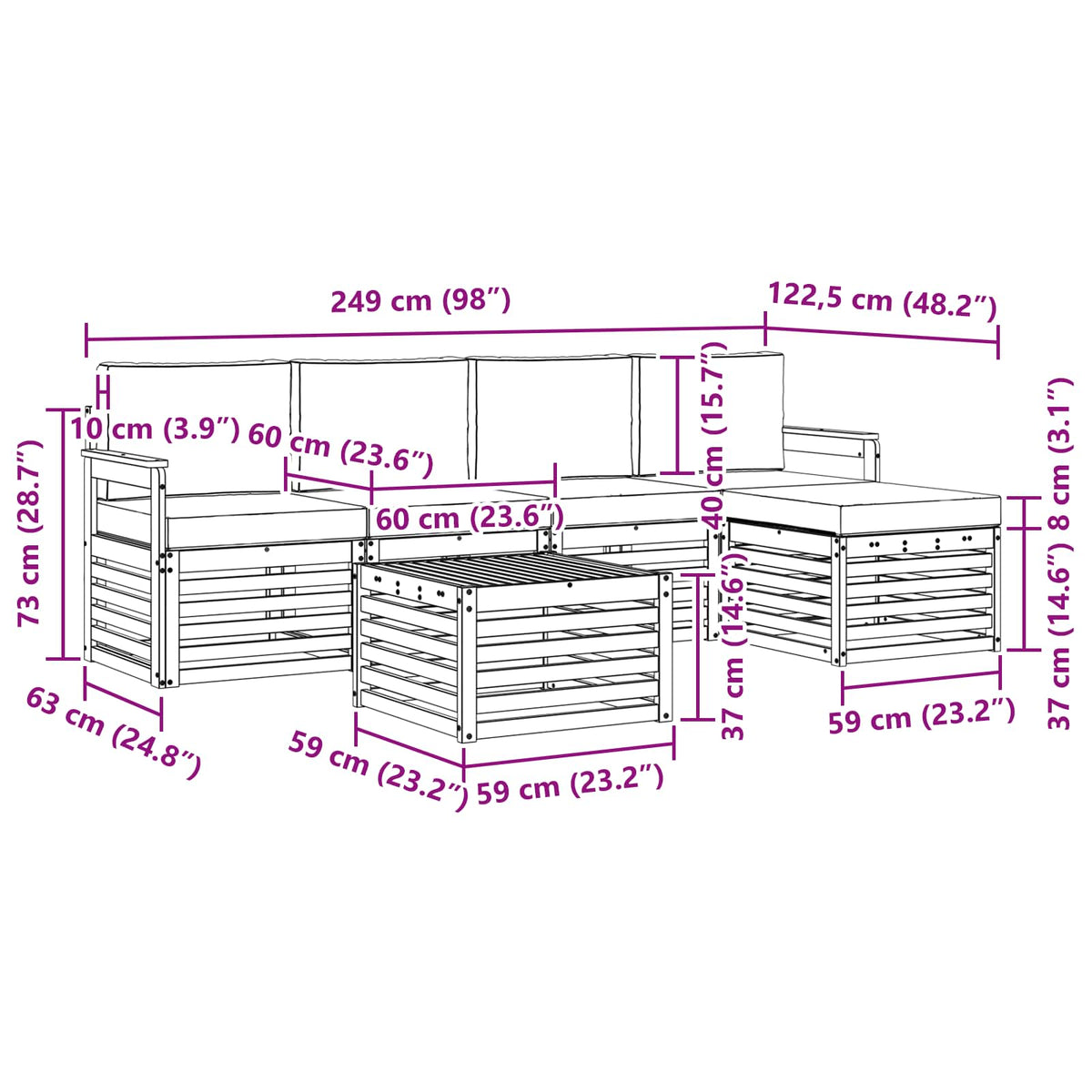 Set vanjskih sofa 6 kom. Prirodna i krem Bijela 59 x 59 x 37 cm