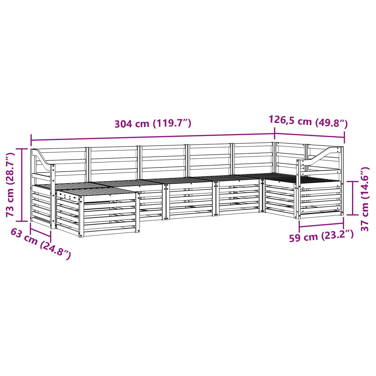 Set vanjskih sofa 7 kom. Prirodna 304 x 126,5 x 73 cm