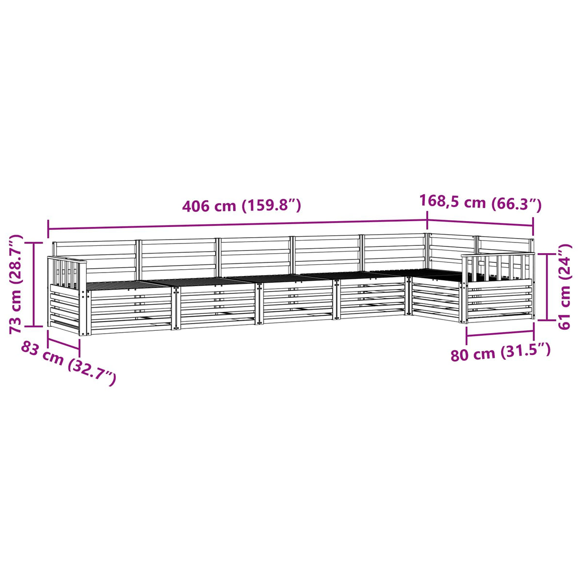 Set vanjskih sofa 6 kom. Prirodna Smeđa 406 x 168,5 x 73 cm